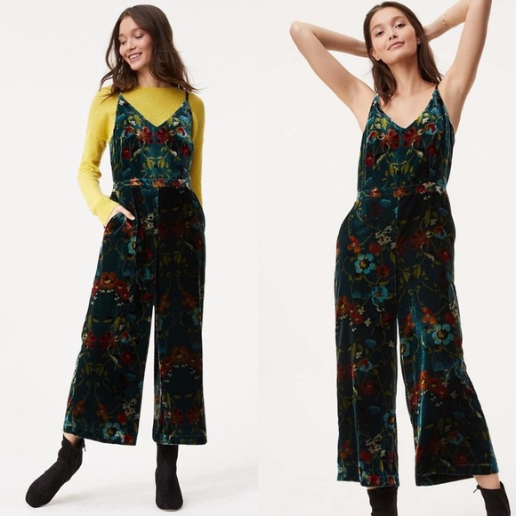 LOFT Pants - LOFT Green Velvet Floral Wide Leg Jumpsuit